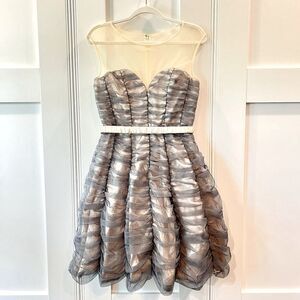 Maniju Tulle Skater Dress Mini Belted Sheer Bodice Navy Champagne L